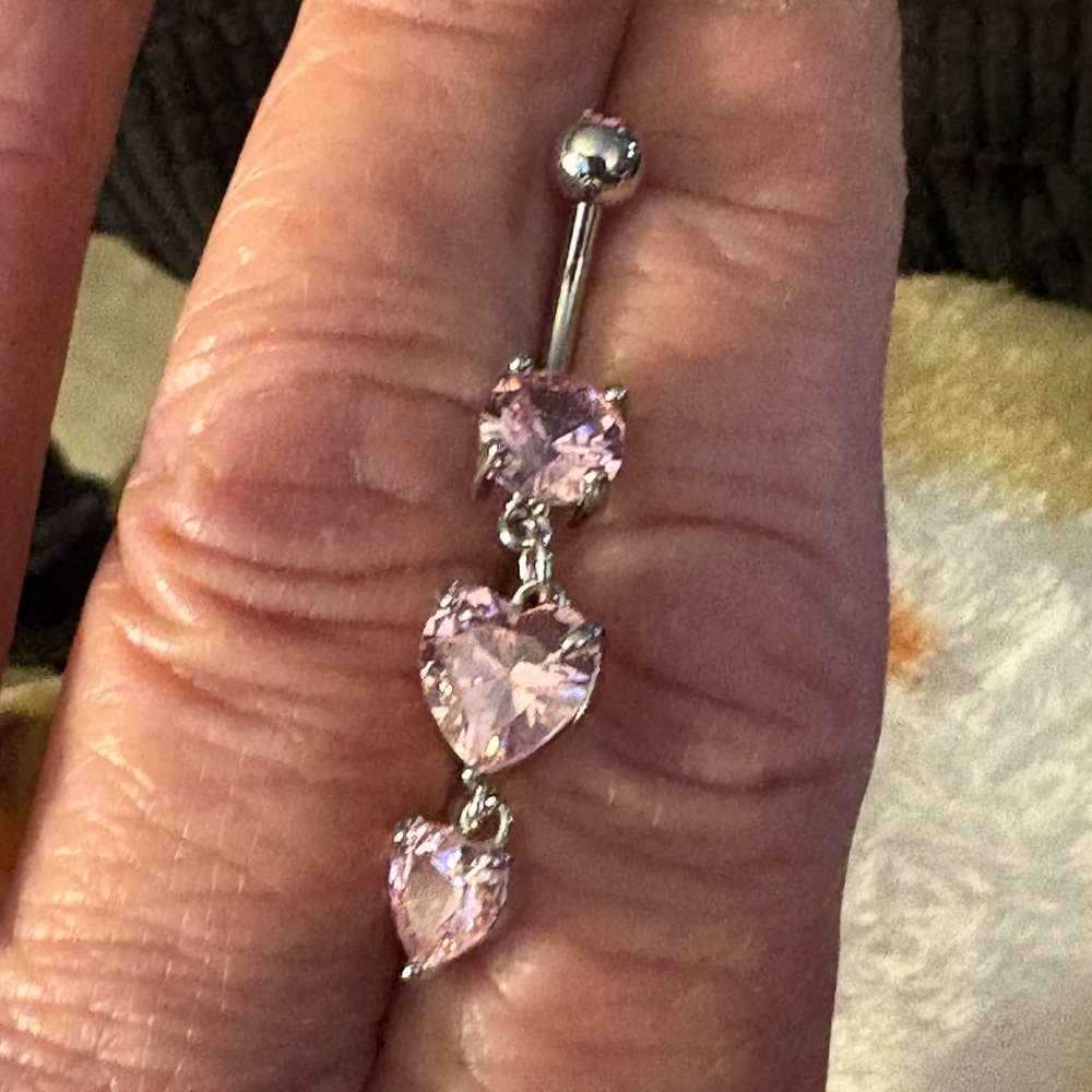 Belly Ring- Stainless Steel Belly Ring Pink Cubic Zirconia Hearts Belly Piercing